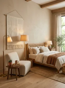 “Earthy bedroom with a cream woven wall hanging and natural textures”