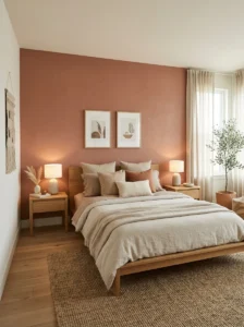 “Earthy modern bedroom with a muted clay and terracotta accent wall”