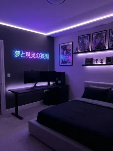 Glowing LED sign creating a modern focal point in an anime bedroom.