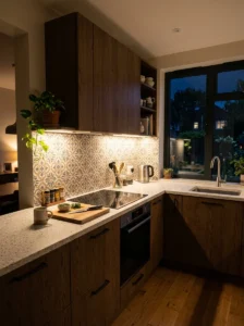 Small kitchen with warm under-cabinet LED lighting