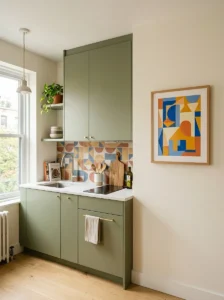 Small kitchen decorated with one colorful framed piece of wall art