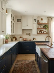 Two-tone kitchen cabinets with white upper and navy lower cabinets