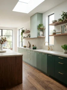 Ombre kitchen cabinets transitioning from sage green to forest green