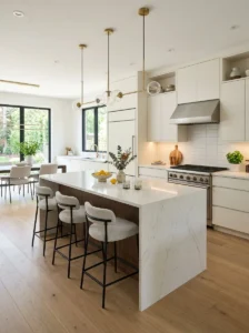White quartz countertops in a modern kitchen.