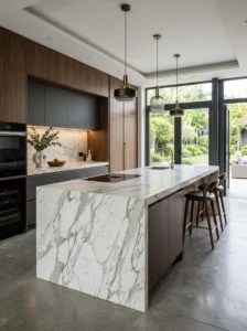 Modern kitchen island with a dramatic waterfall countertop edge.