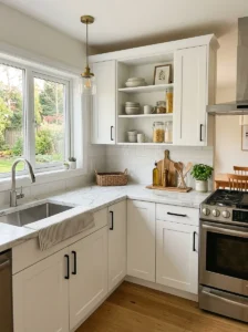 Marble-look laminate countertop in a budget-friendly kitchen.
