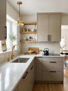 Small kitchen combining matte black hardware with brass fixtures