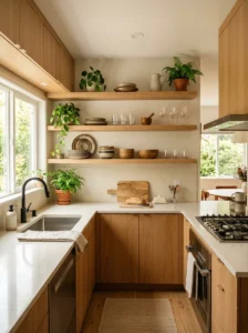 Small kitchen with open wooden shelving and curated dishware