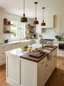 Kitchen island combining stone and butcher block countertops.