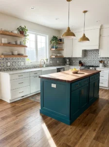 Creamy greige kitchen cabinets with warm wood and brass accents