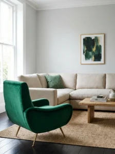 Emerald green accent chair creating a bold focal point in a neutral living room.