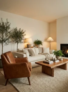 Cognac leather accent chair paired with warm neutral living room furniture.