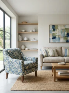 Floral patterned accent chair creating a focal point in a neutral living room.