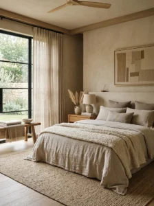 “Earthy modern bedroom decorated in layered sand, stone and warm beige tones”