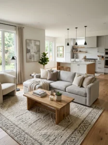 Area rug defining the living area in an open concept space
