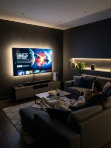 TV room with smart ambient lighting creating an immersive viewing atmosphere.