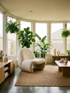 Sculptural egg-shaped accent chair creating a statement in a bright room.