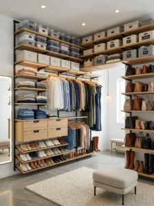 Adjustable shelving system in a flexible walk-in closet.