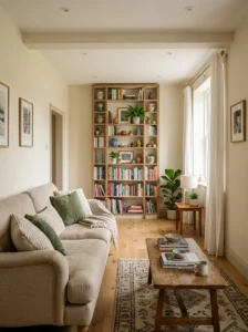 Slim floor-to-ceiling bookshelf on the short wall of a narrow living room