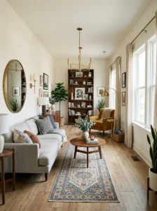 Stylish and functional layout for a challenging long narrow living room
