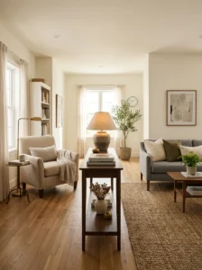 Narrow console table dividing zones in a long living room