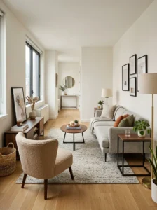 Slim-profile furniture in a long narrow living room