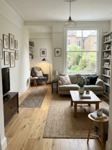 Long living room divided into a seating area and reading nook