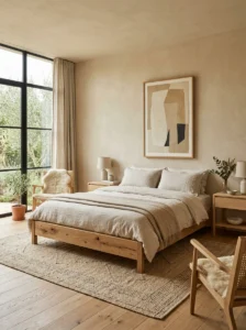 “Modern bedroom with raw oak furniture and natural wood grain”