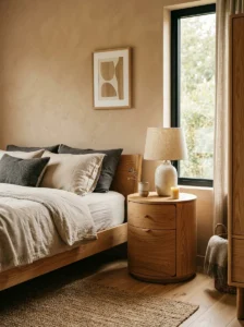 “Earthy modern bedroom with a rounded warm wood nightstand”
