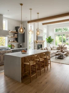 Kitchen island naturally dividing an open concept living space
