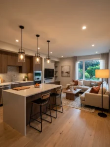 Coordinated lighting fixtures connecting kitchen and living room