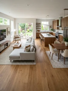 Continuous hardwood flooring connecting kitchen and living room