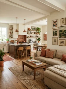 Unified open concept kitchen and living room with shared personal style