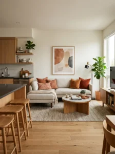 Comfortable shared sofa in an open concept kitchen and living room