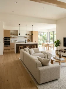 Clear sightlines between an open concept kitchen and living room