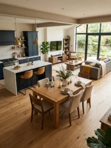 Dining table bridging the kitchen and living room zones