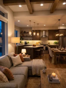 Layered lighting across an open concept kitchen and living room