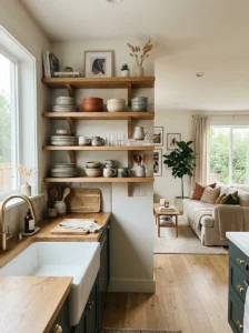  Open kitchen shelving displaying a merged dishware collection