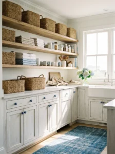 White farmhouse sink in a relaxed coastal kitchen