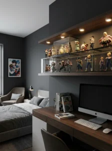 Anime figures displayed on a dedicated illuminated floating shelf.