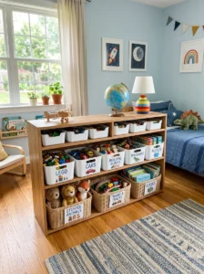 Child-height storage bins organized for toys in a boy’s bedroom.