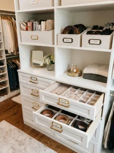 Labeled storage bins organizing accessories in a walk-in closet.