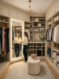 Full-length mirror with flattering lighting in a walk-in closet.