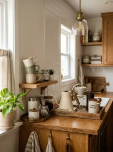 Small kitchen with a stylish curated coffee and tea station