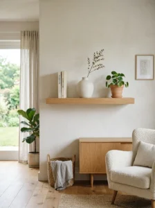 Uncluttered floating shelf with meaningful objects and plenty of open space.