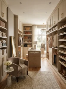 Neutral color palette in an elegant walk-in closet.