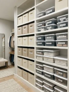 Uniform storage boxes arranged on walk-in closet shelves.