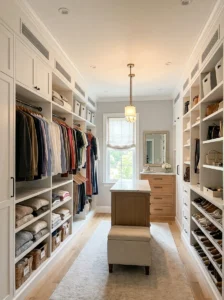 Well-ventilated walk-in closet designed for fabric care.