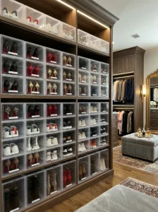 Clear shoe boxes displaying shoes in a walk-in closet.