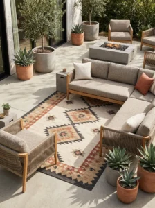 Patterned outdoor rug anchoring a comfortable patio seating area